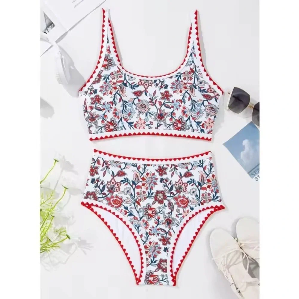 Women's M Floral Print Two Piece Sexy Bikini Set High Waist Round Neck Swimwear